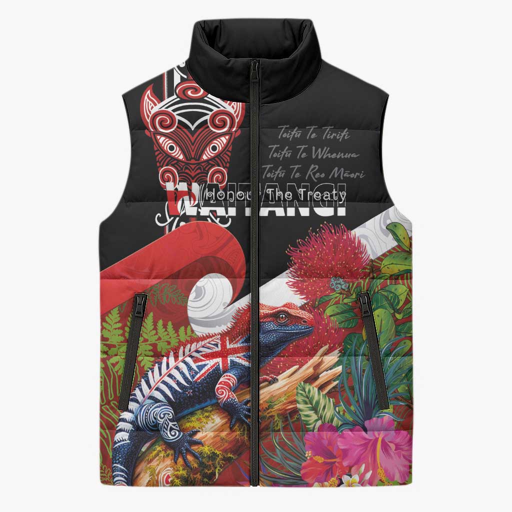 Aotearoa Toitu Te Tiriti Sleeveless Puffer Jacket Waitangi-Honour The Treaty NZ Tuatara and Plants LT03 Unisex Multicolor - Polynesian Pride