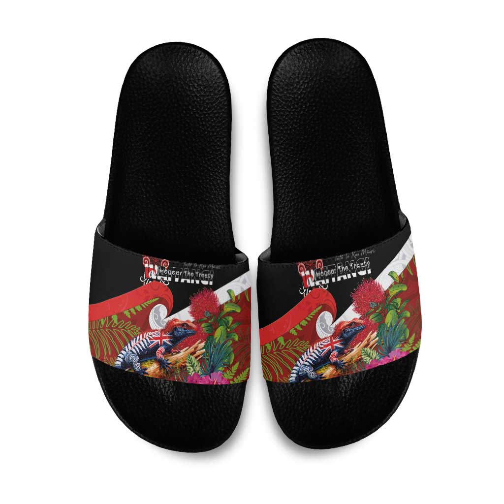 Aotearoa Toitu Te Tiriti Slide Sandals Waitangi-Honour The Treaty NZ Tuatara and Plants LT03 Multicolor - Polynesian Pride