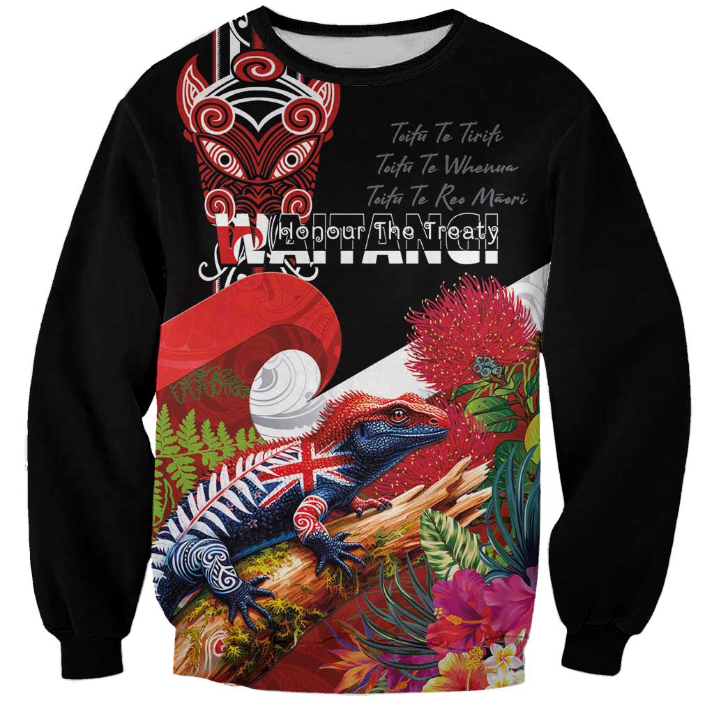 Aotearoa Toitu Te Tiriti Sweatshirt Waitangi-Honour The Treaty NZ Tuatara and Plants LT03 Unisex Multicolor - Polynesian Pride
