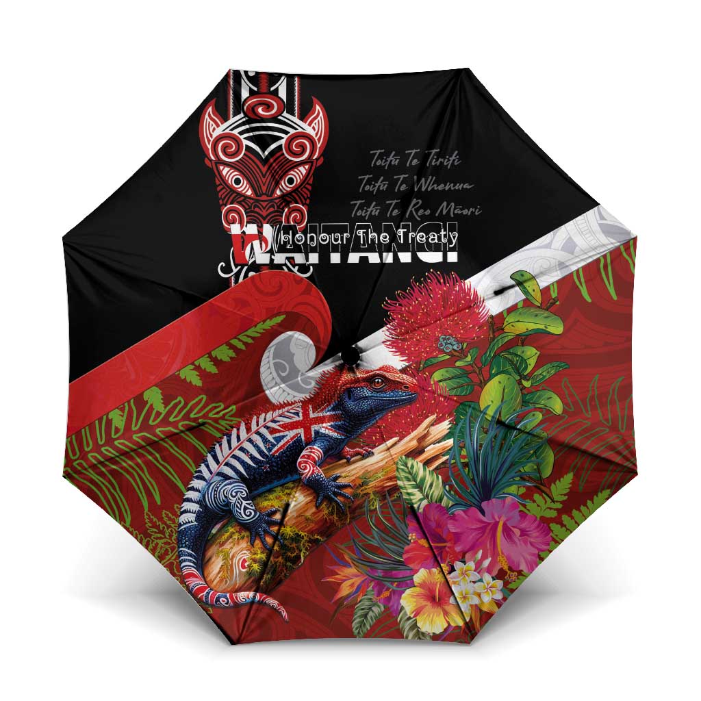 Aotearoa Toitu Te Tiriti Umbrella Waitangi-Honour The Treaty NZ Tuatara and Plants LT03 One Size Folded 11.42 inch Opened Diameter 37.4 inch Multicolor - Polynesian Pride