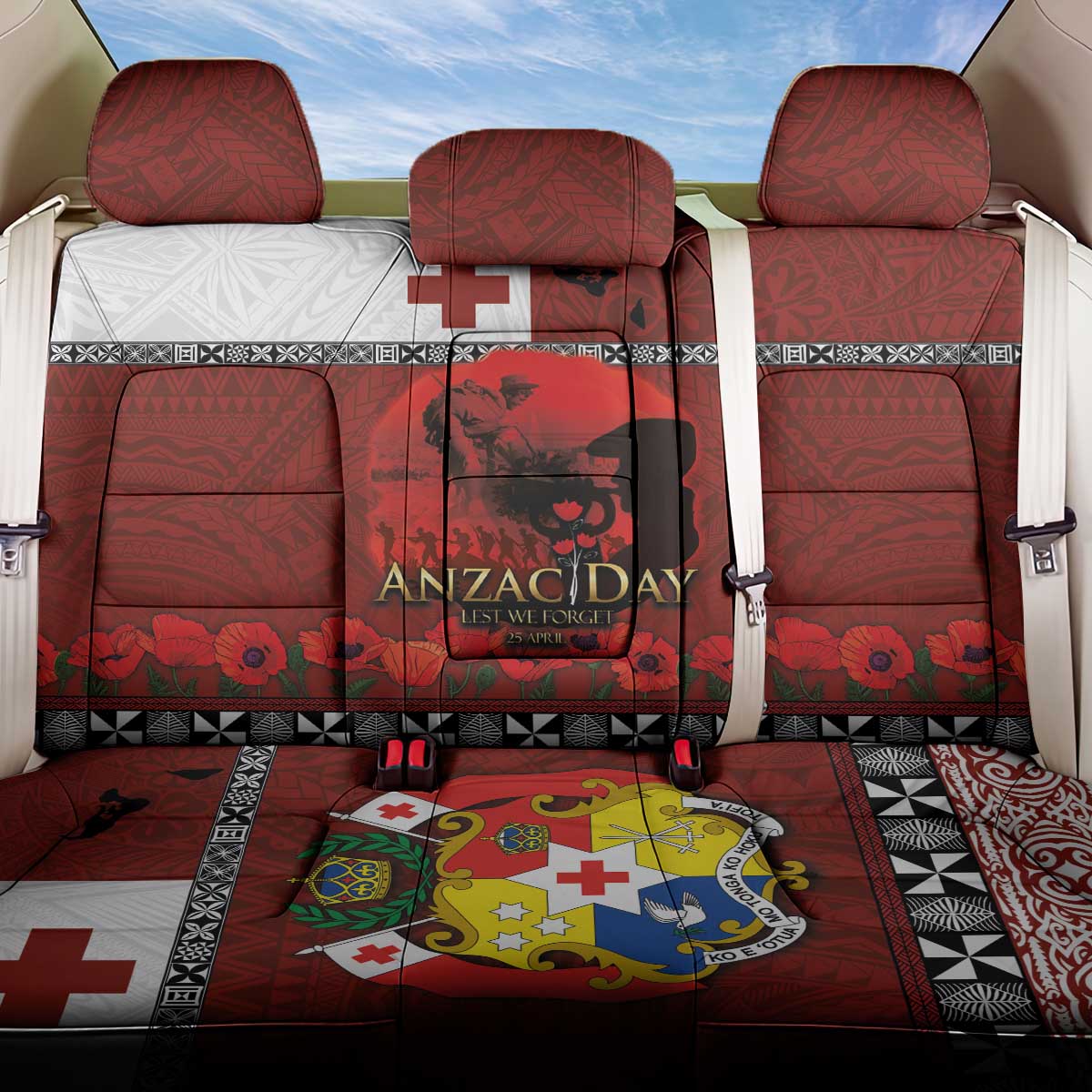 Tonga ANZAC Day Back Car Seat Cover Gallipoli Lest We Forget Ngatu Art Tribal LT03 One Size Red - Polynesian Pride
