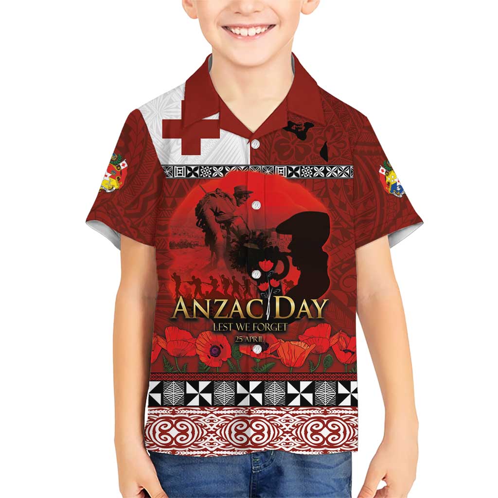 Tonga ANZAC Day Kid Hawaiian Shirt Gallipoli Lest We Forget Ngatu Art Tribal LT03 Kid Red - Polynesian Pride