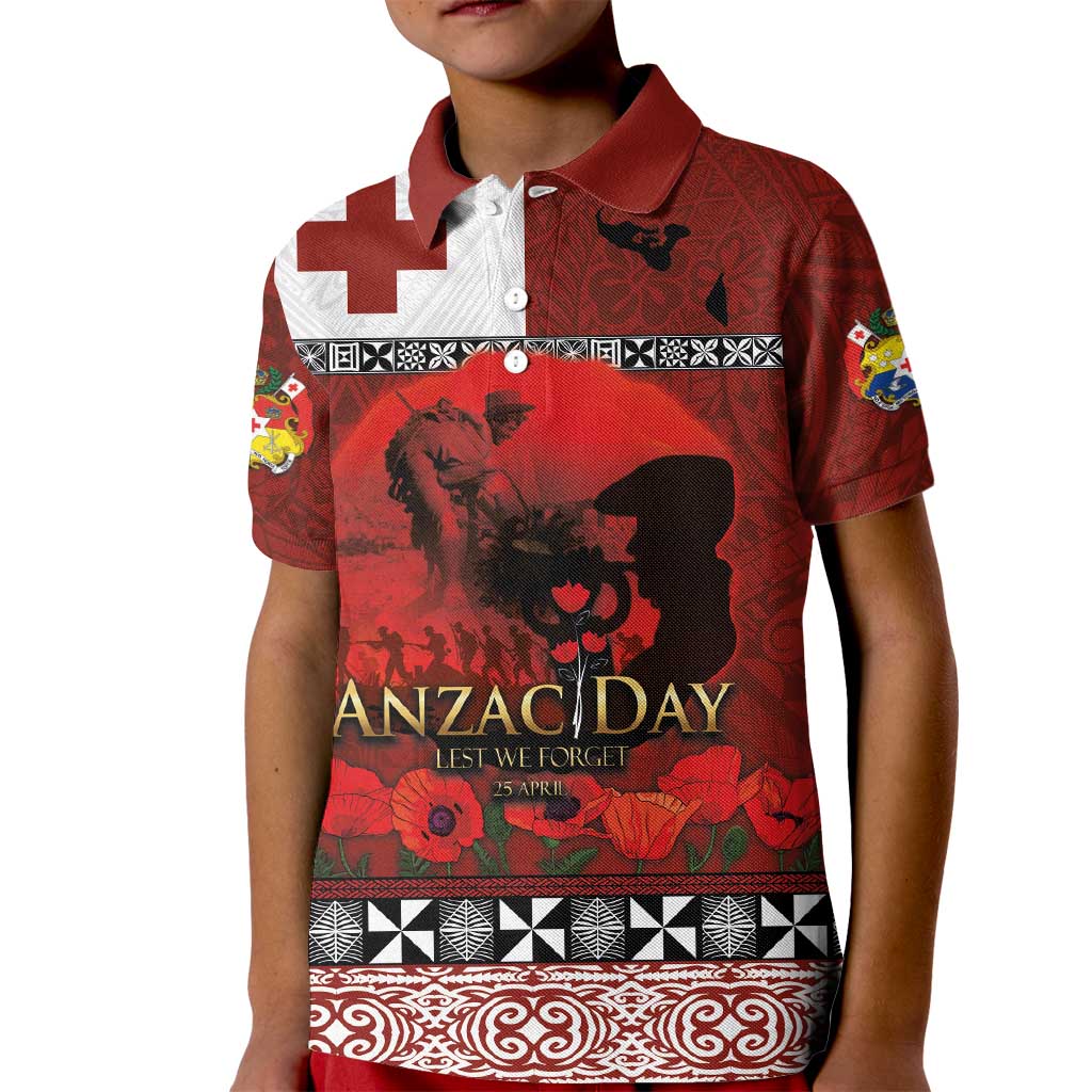 Tonga ANZAC Day Kid Polo Shirt Gallipoli Lest We Forget Ngatu Art Tribal LT03 Kid Red - Polynesian Pride