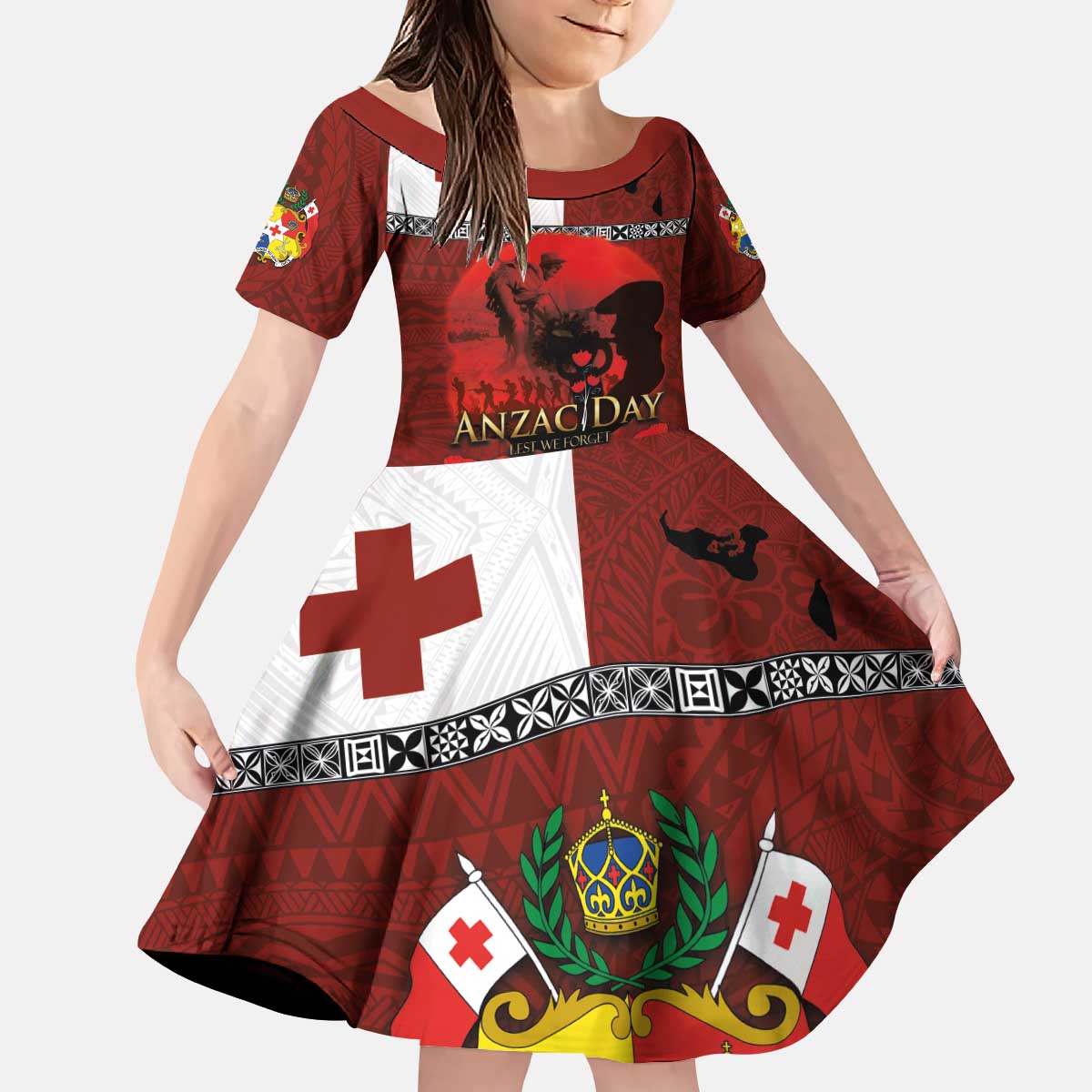 Tonga ANZAC Day Kid Short Sleeve Dress Gallipoli Lest We Forget Ngatu Art Tribal LT03 KID Red - Polynesian Pride