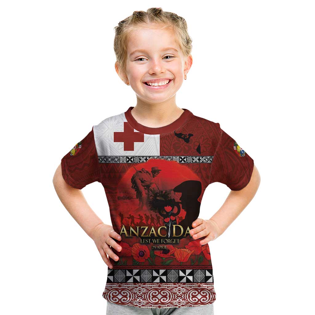 Tonga ANZAC Day Kid T Shirt Gallipoli Lest We Forget Ngatu Art Tribal LT03 Red - Polynesian Pride