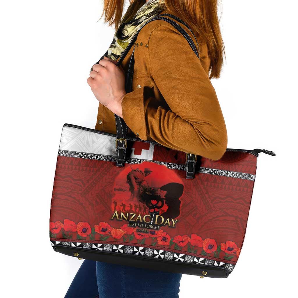 Tonga ANZAC Day Leather Tote Bag Gallipoli Lest We Forget Ngatu Art Tribal LT03 Red - Polynesian Pride
