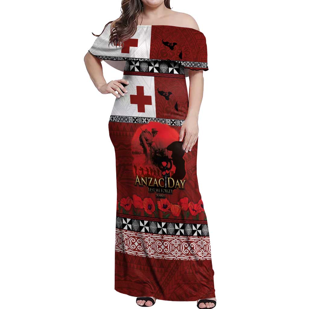 Tonga ANZAC Day Off Shoulder Maxi Dress Gallipoli Lest We Forget Ngatu Art Tribal LT03 Women Red - Polynesian Pride