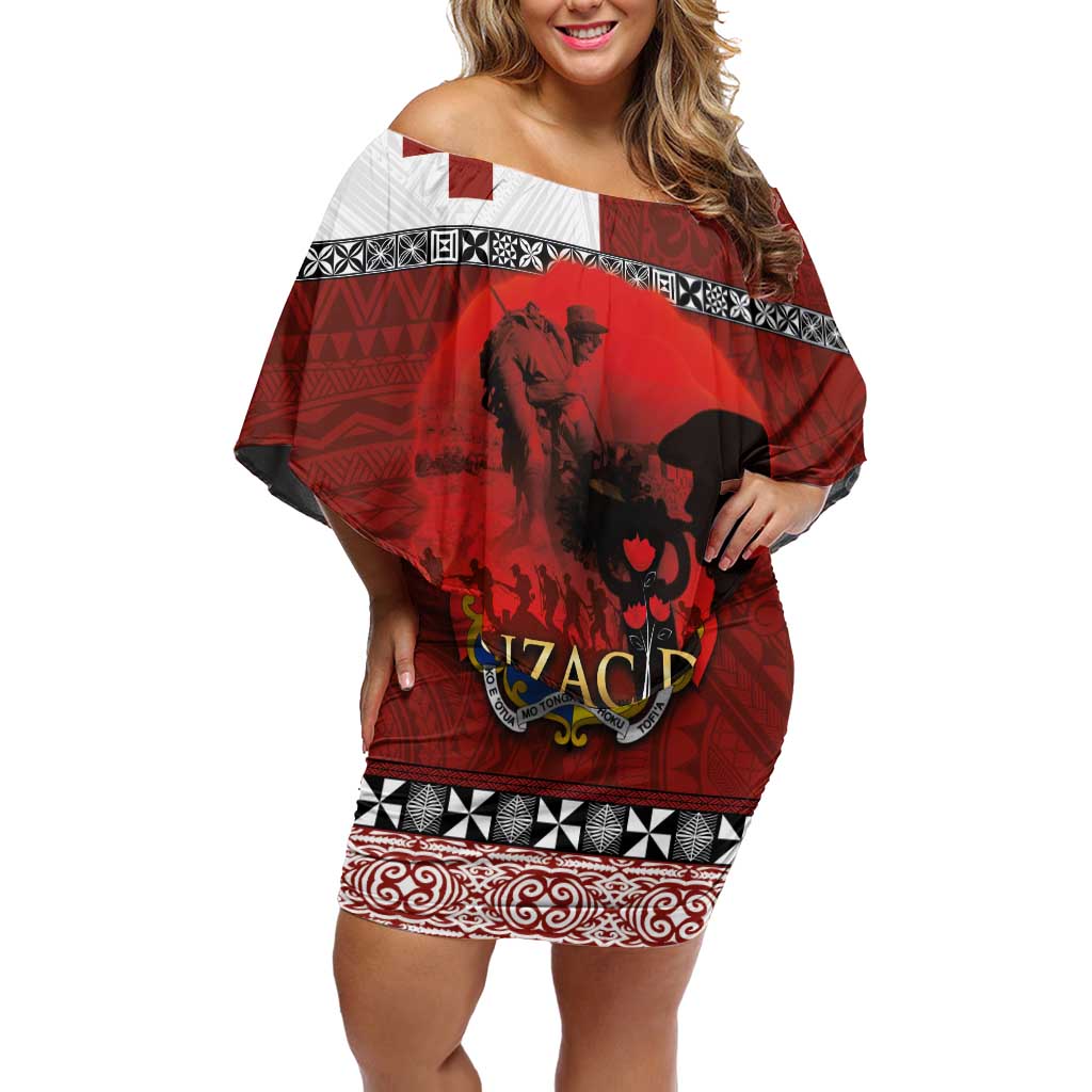 Tonga ANZAC Day Off Shoulder Short Dress Gallipoli Lest We Forget Ngatu Art Tribal LT03 Women Red - Polynesian Pride
