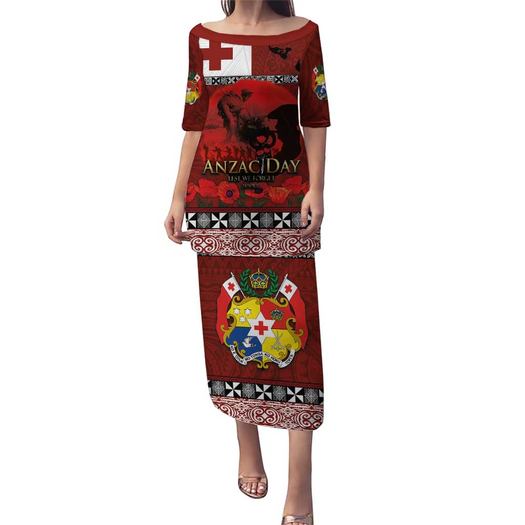 Tonga ANZAC Day Puletasi Gallipoli Lest We Forget Ngatu Art Tribal LT03 Long Dress Red - Polynesian Pride