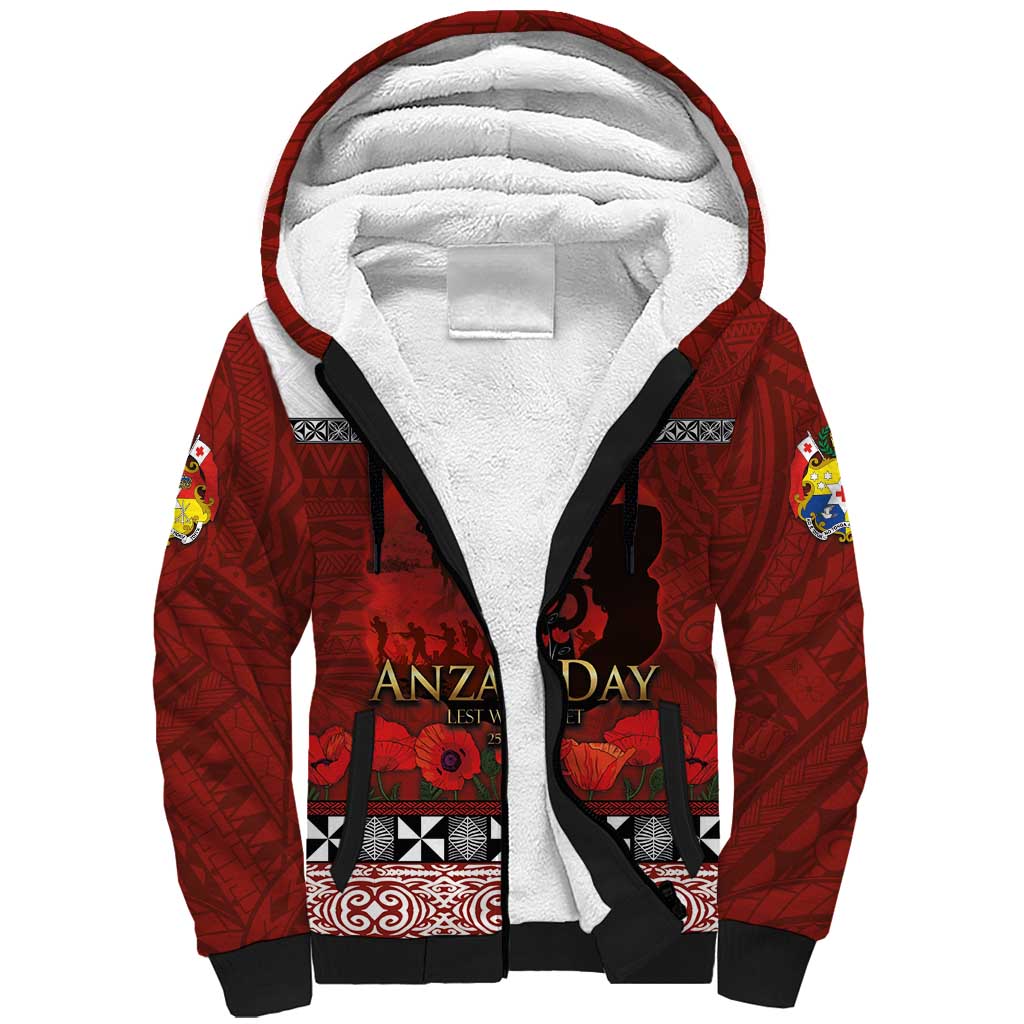 Tonga ANZAC Day Sherpa Hoodie Gallipoli Lest We Forget Ngatu Art Tribal LT03 Unisex Red - Polynesian Pride