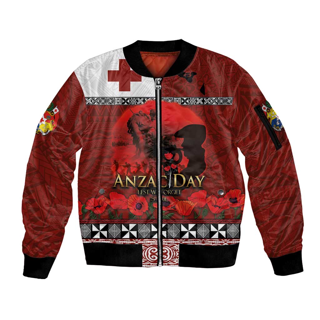 Tonga ANZAC Day Sleeve Zip Bomber Jacket Gallipoli Lest We Forget Ngatu Art Tribal LT03 Unisex Red - Polynesian Pride