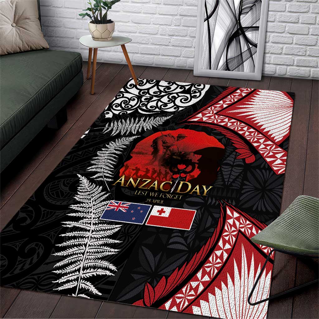 Tonga and New Zealand ANZAC Day Area Rug Gallipoli Lest We Forget Ngatu Art Tribal and Maori Tattoo with Fern LT03 Black - Polynesian Pride