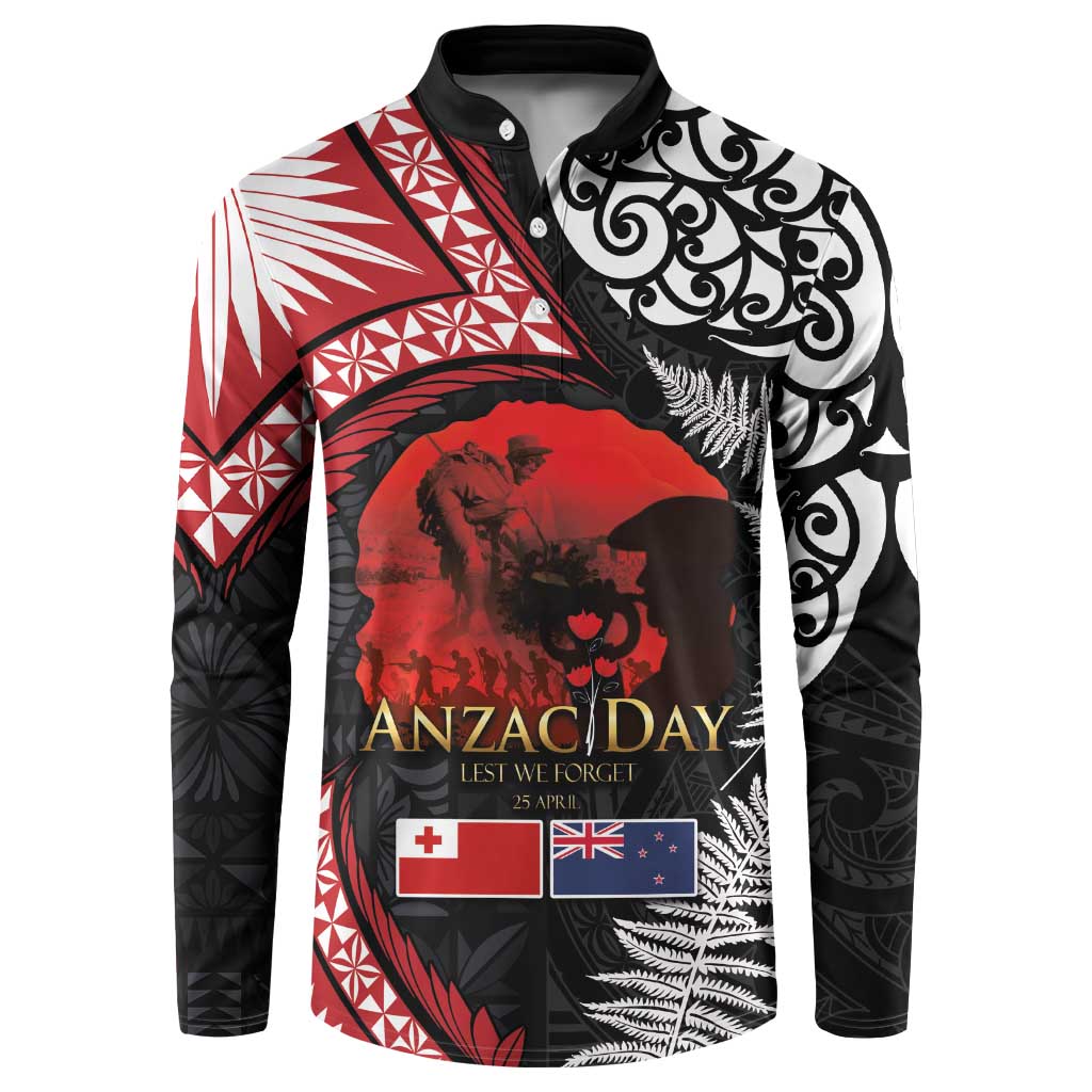 Tonga and New Zealand ANZAC Day Button Sweatshirt Gallipoli Lest We Forget Ngatu Art Tribal and Maori Tattoo with Fern LT03 Black - Polynesian Pride