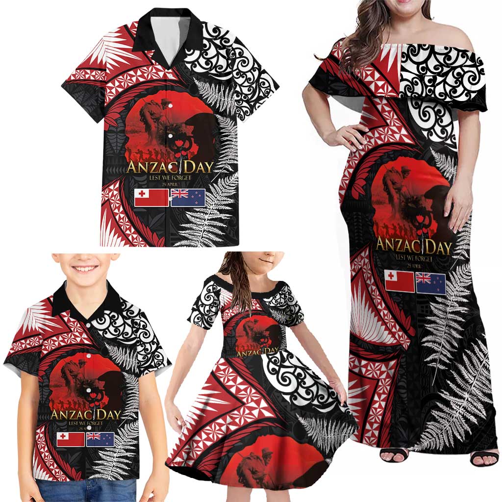 Tonga and New Zealand ANZAC Day Family Matching Off Shoulder Maxi Dress and Hawaiian Shirt Gallipoli Lest We Forget Ngatu Art Tribal and Maori Tattoo with Fern LT03