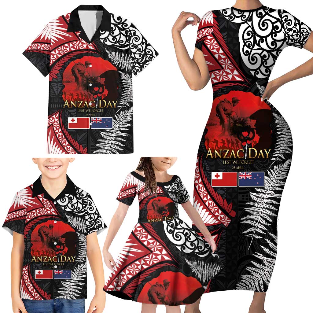 Tonga and New Zealand ANZAC Day Family Matching Short Sleeve Bodycon Dress and Hawaiian Shirt Gallipoli Lest We Forget Ngatu Art Tribal and Maori Tattoo with Fern LT03