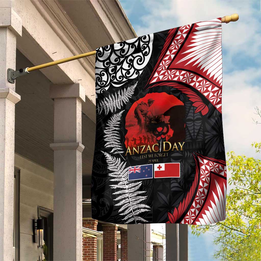 Tonga and New Zealand ANZAC Day Garden Flag Gallipoli Lest We Forget Ngatu Art Tribal and Maori Tattoo with Fern LT03 House Flag Black - Polynesian Pride