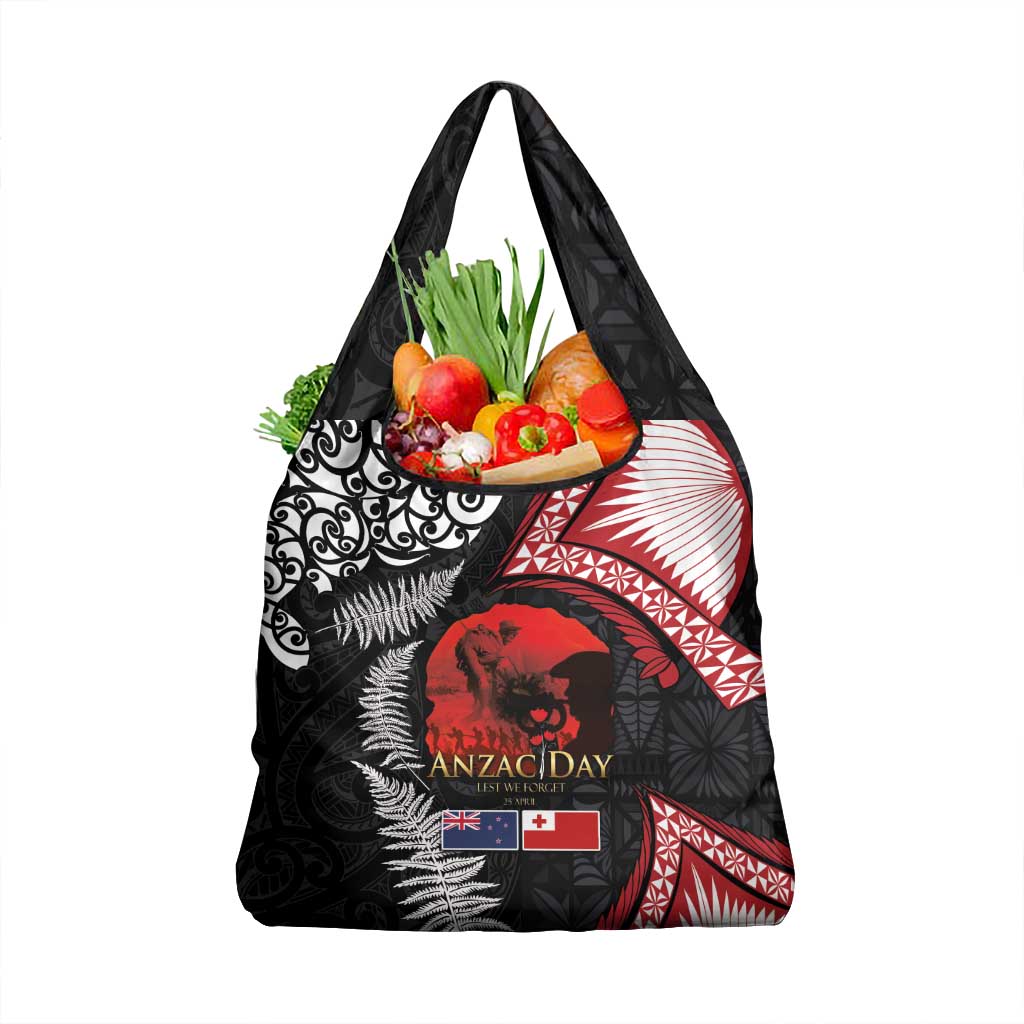 Tonga and New Zealand ANZAC Day Grocery Bag Gallipoli Lest We Forget Ngatu Art Tribal and Maori Tattoo with Fern LT03 1-pack One Size Black - Polynesian Pride
