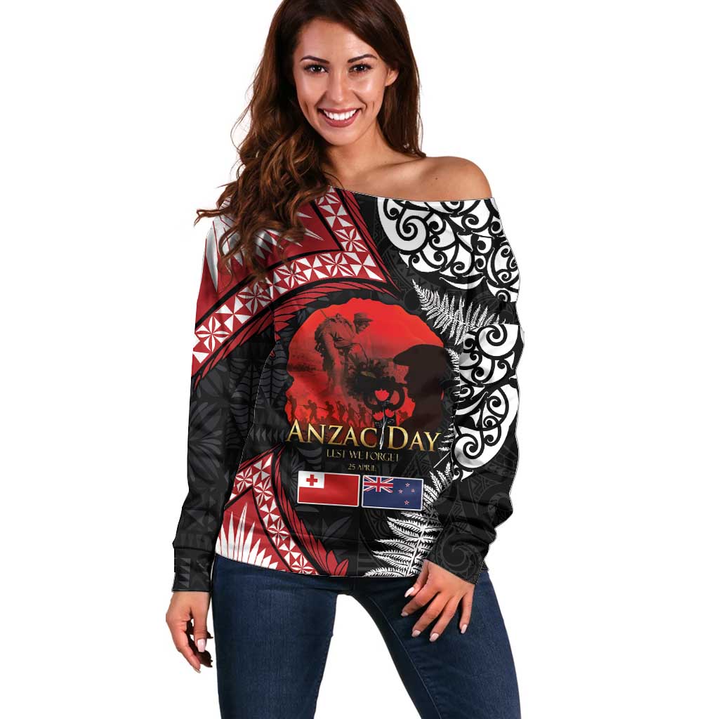 Tonga and New Zealand ANZAC Day Off Shoulder Sweater Gallipoli Lest We Forget Ngatu Art Tribal and Maori Tattoo with Fern LT03 Women Black - Polynesian Pride