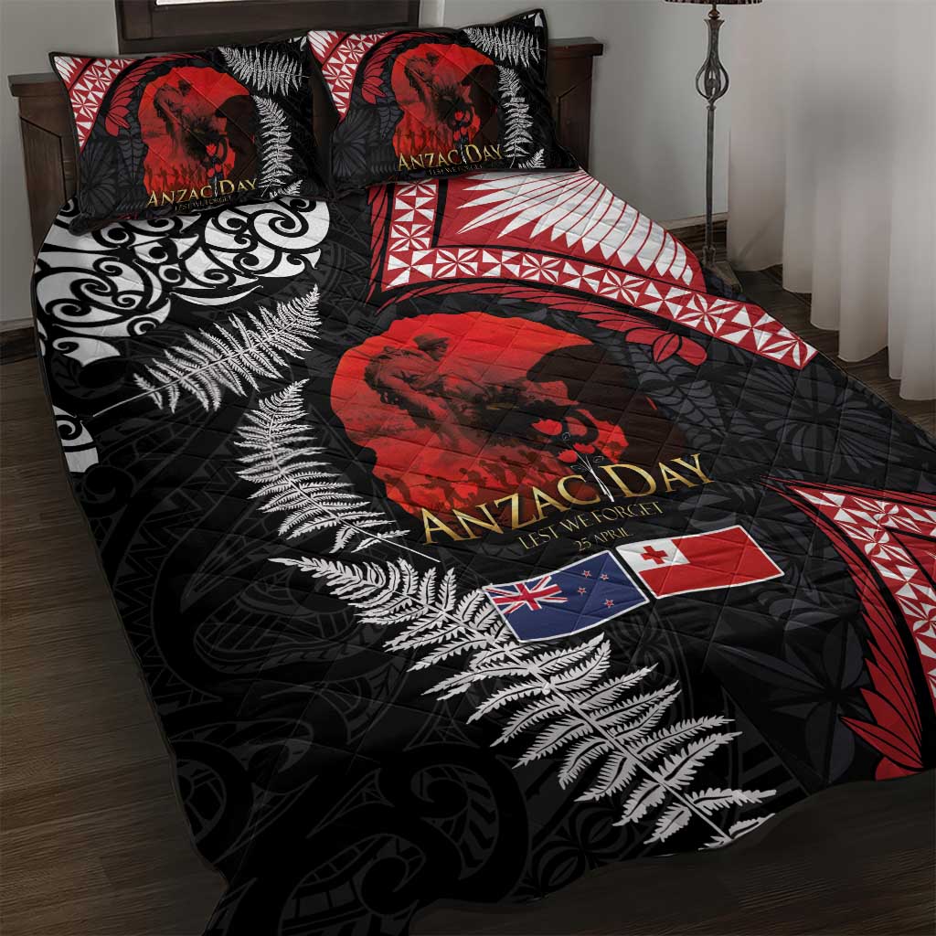 Tonga and New Zealand ANZAC Day Quilt Bed Set Gallipoli Lest We Forget Ngatu Art Tribal and Maori Tattoo with Fern LT03 Black - Polynesian Pride