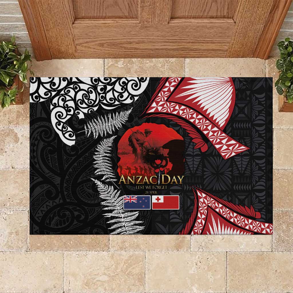 Tonga and New Zealand ANZAC Day Rubber Doormat Gallipoli Lest We Forget Ngatu Art Tribal and Maori Tattoo with Fern LT03 Black - Polynesian Pride