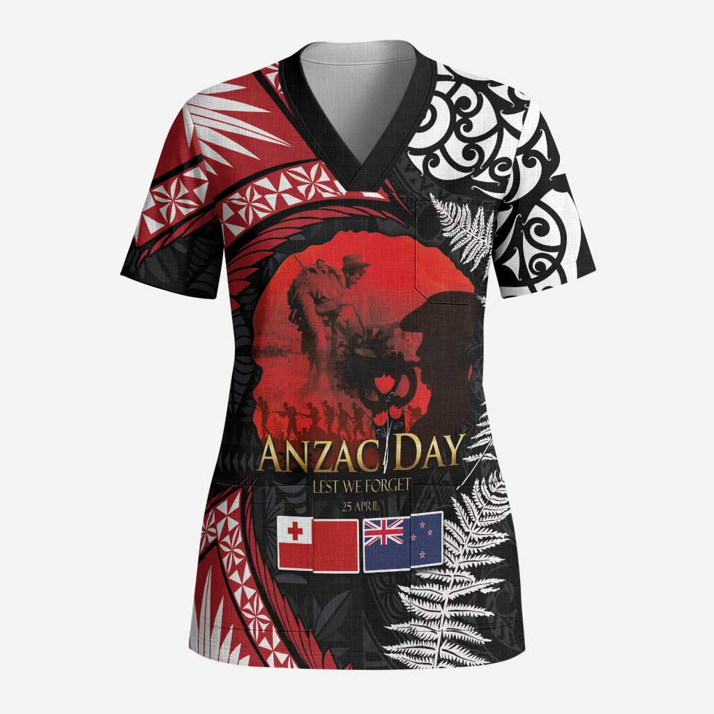 Tonga and New Zealand ANZAC Day Scrub Top Gallipoli Lest We Forget Ngatu Art Tribal and Maori Tattoo with Fern LT03 Adult Black - Polynesian Pride