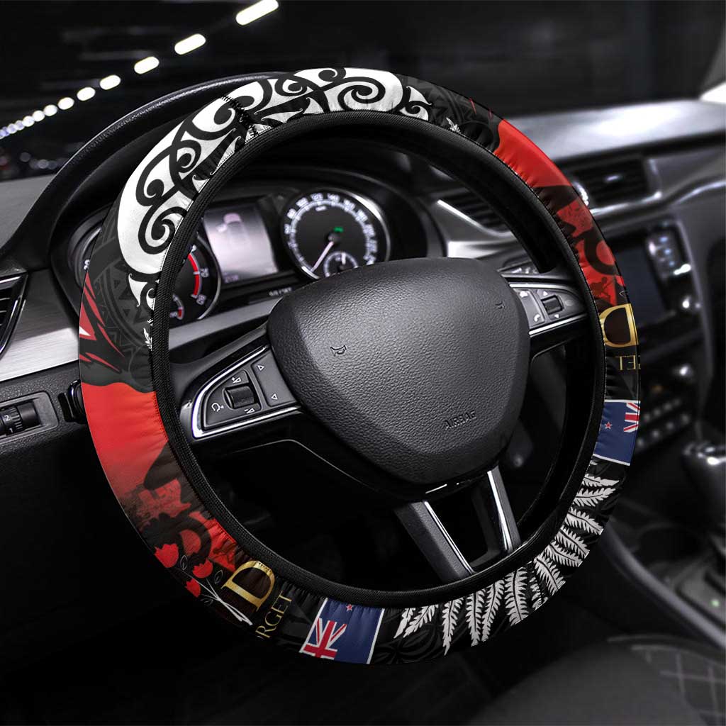 Tonga and New Zealand ANZAC Day Steering Wheel Cover Gallipoli Lest We Forget Ngatu Art Tribal and Maori Tattoo with Fern LT03