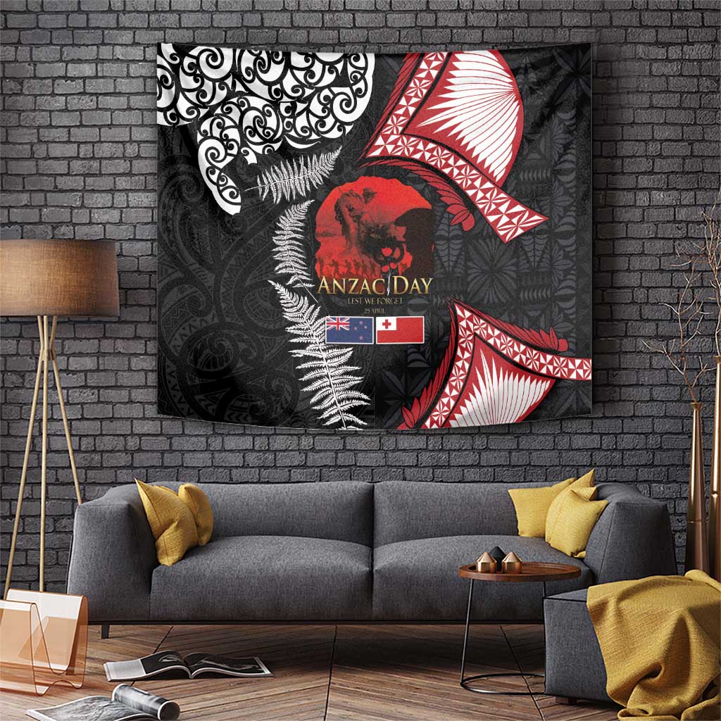 Tonga and New Zealand ANZAC Day Tapestry Gallipoli Lest We Forget Ngatu Art Tribal and Maori Tattoo with Fern LT03 Black - Polynesian Pride