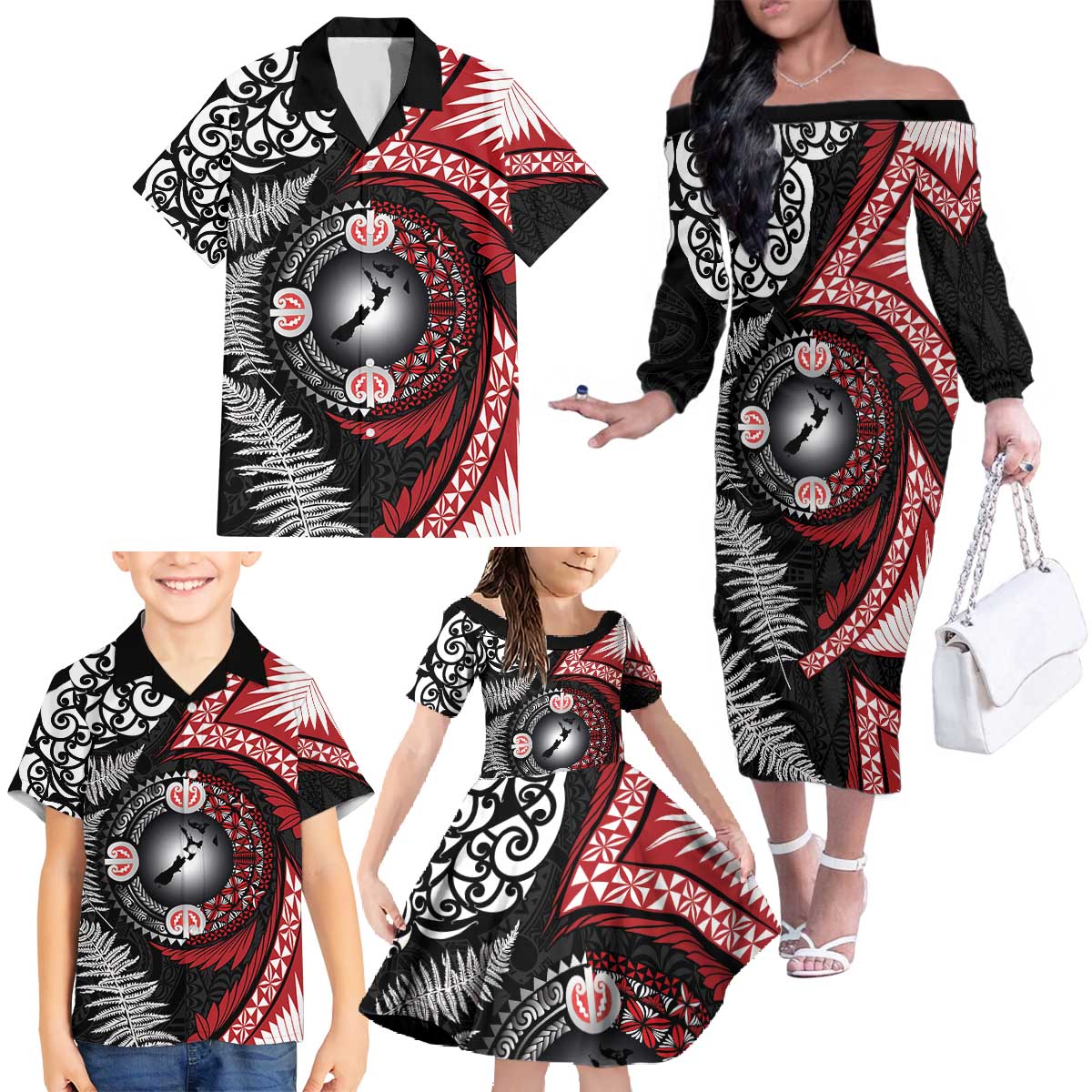 Tonga and New Zealand Together Family Matching Off The Shoulder Long Sleeve Dress and Hawaiian Shirt Ngatu Art Tribal Maori Tattoo and Silver Fern