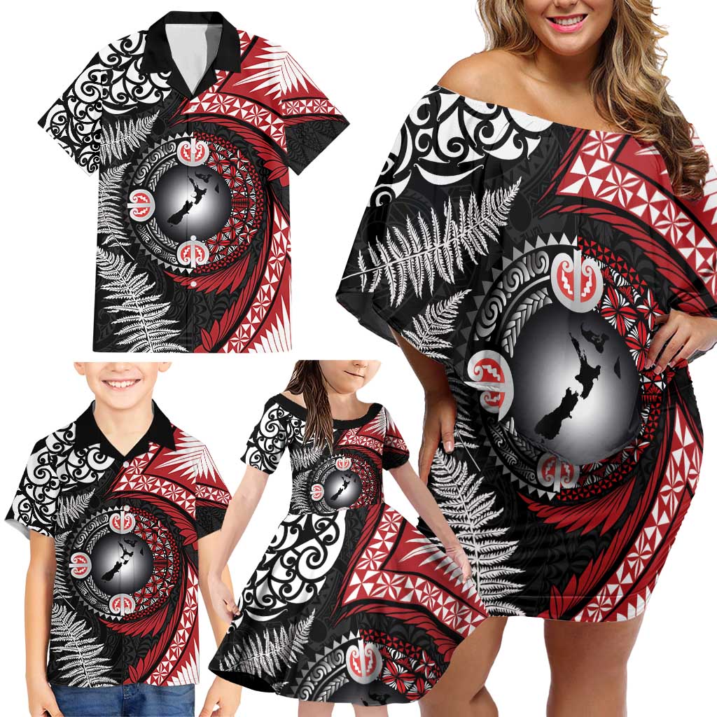 Tonga and New Zealand Together Family Matching Off Shoulder Short Dress and Hawaiian Shirt Ngatu Art Tribal Maori Tattoo and Silver Fern