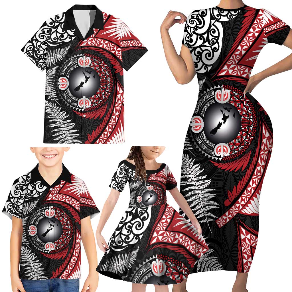 Tonga and New Zealand Together Family Matching Short Sleeve Bodycon Dress and Hawaiian Shirt Ngatu Art Tribal Maori Tattoo and Silver Fern