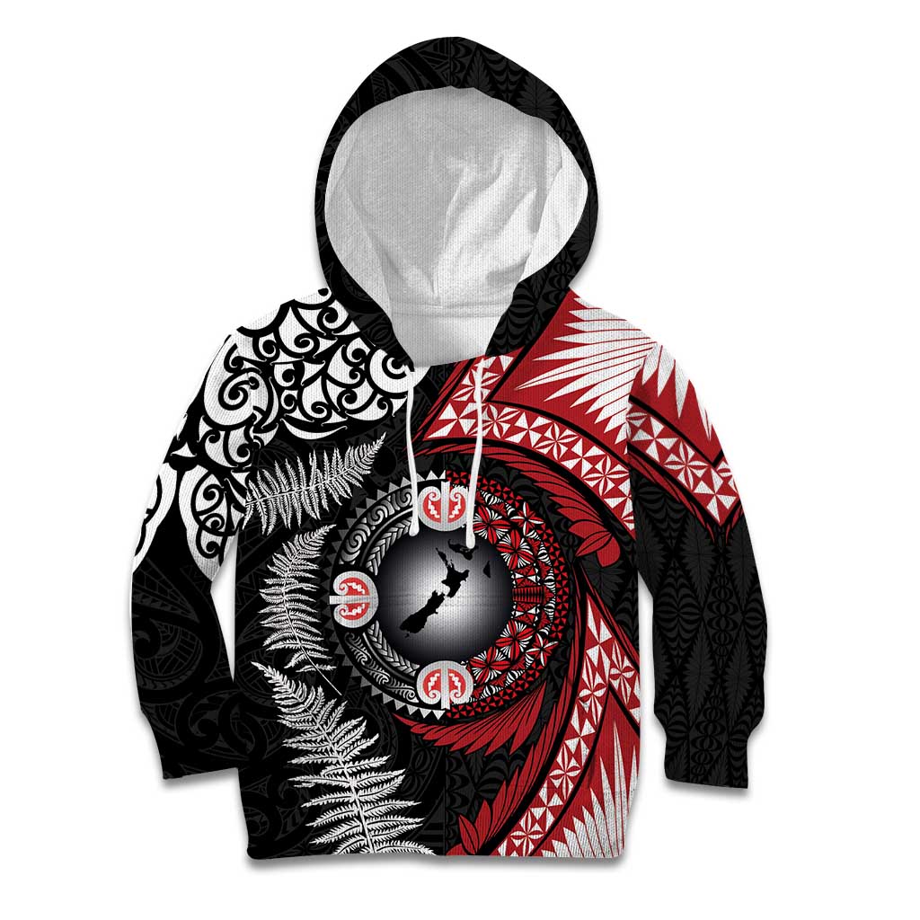 Tonga and New Zealand Together Kid Hoodie Ngatu Art Tribal Maori Tattoo and Silver Fern