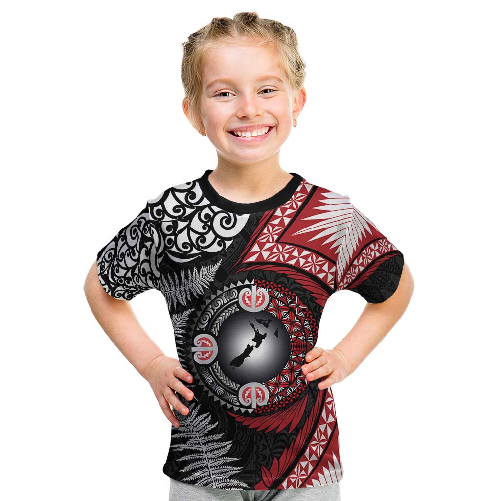 Tonga and New Zealand Together Kid T Shirt Ngatu Art Tribal Maori Tattoo and Silver Fern