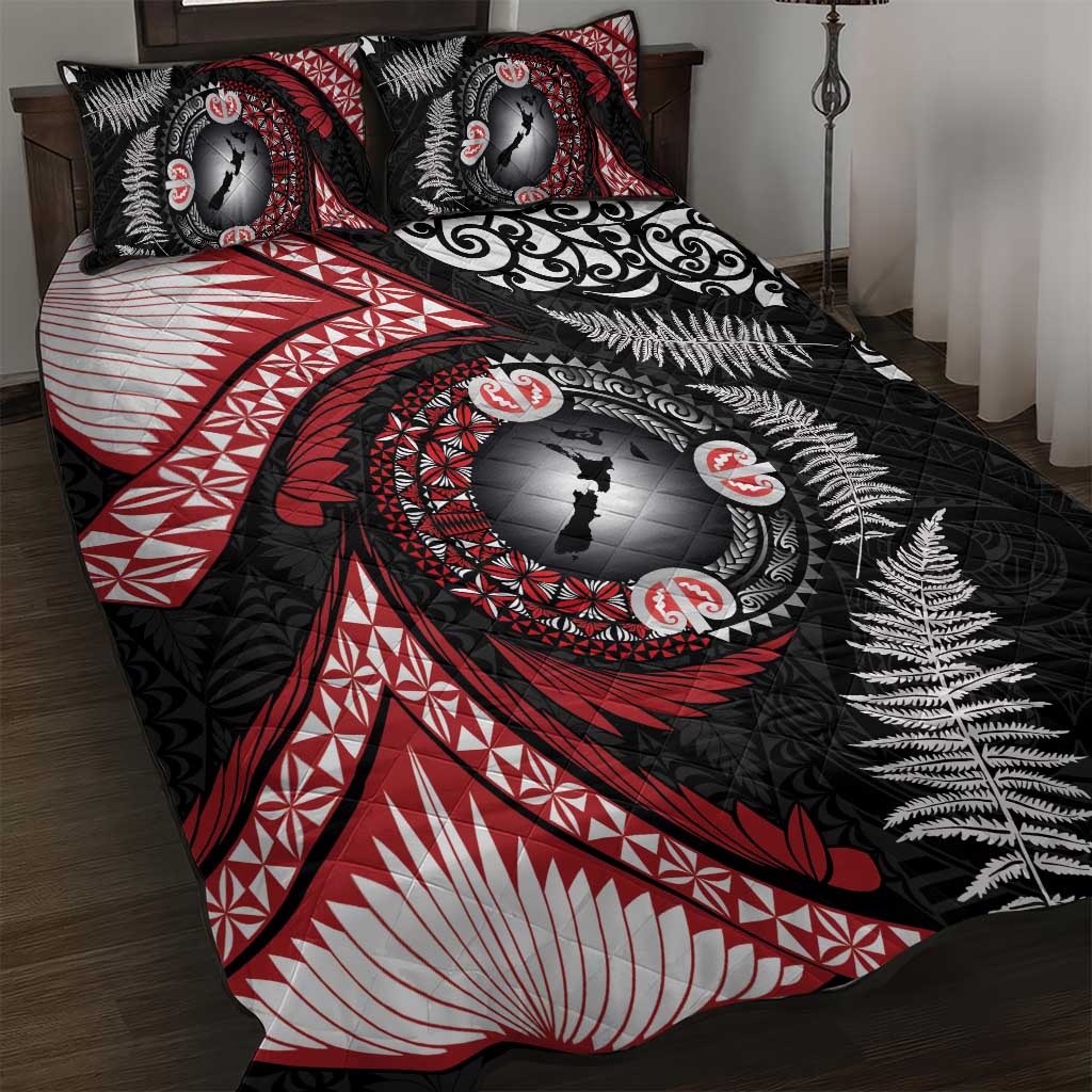 Tonga and New Zealand Together Quilt Bed Set Ngatu Art Tribal Maori Tattoo and Silver Fern LT03 Black - Polynesian Pride