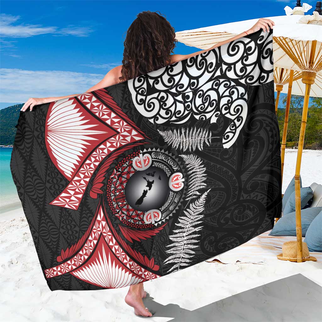 Tonga and New Zealand Together Sarong Ngatu Art Tribal Maori Tattoo and Silver Fern LT03 One Size 44 x 66 inches Black - Polynesian Pride