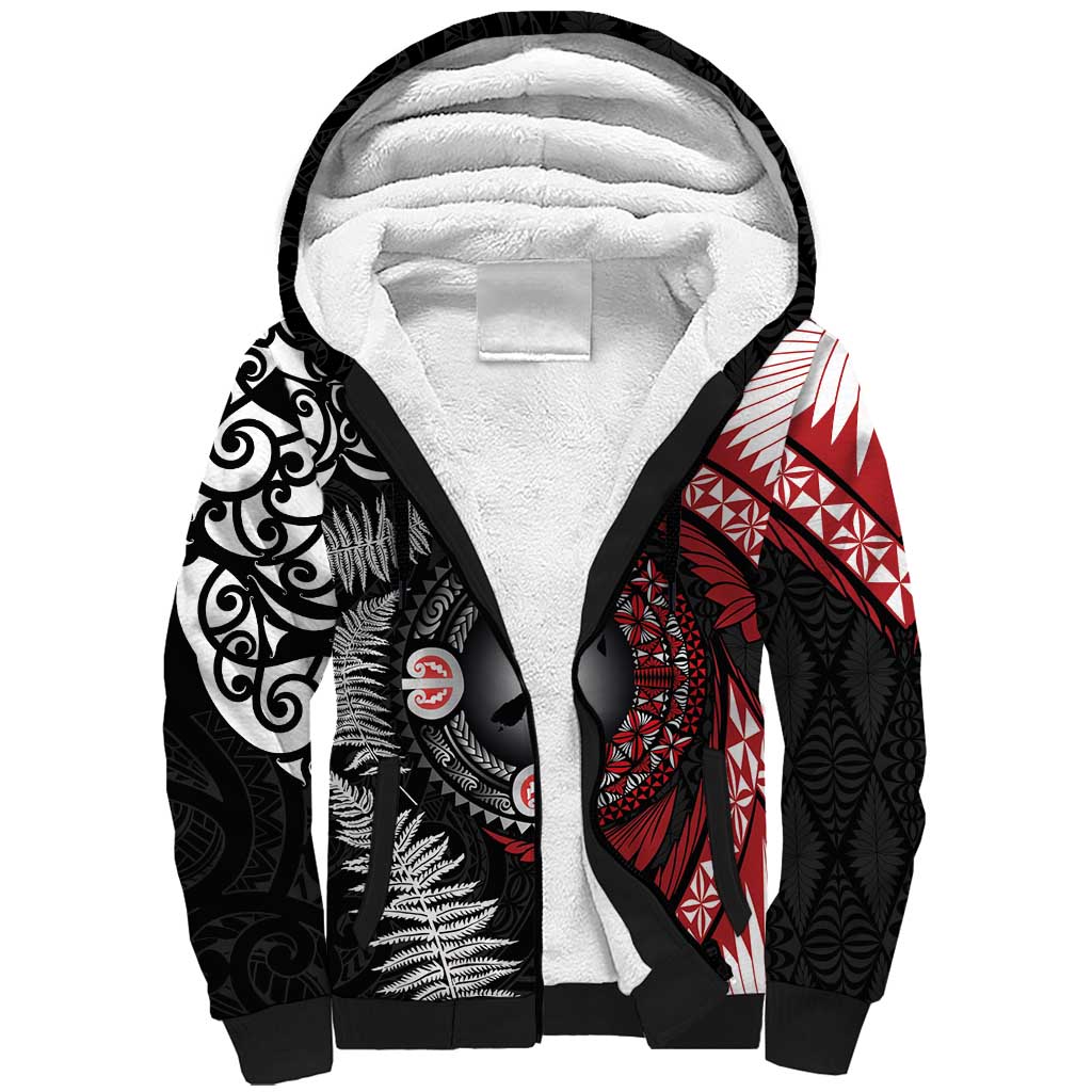 Tonga and New Zealand Together Sherpa Hoodie Ngatu Art Tribal Maori Tattoo and Silver Fern