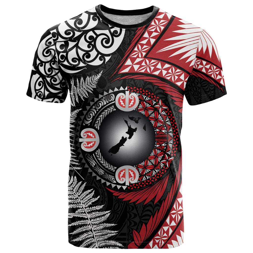 Tonga and New Zealand Together T Shirt Ngatu Art Tribal Maori Tattoo and Silver Fern