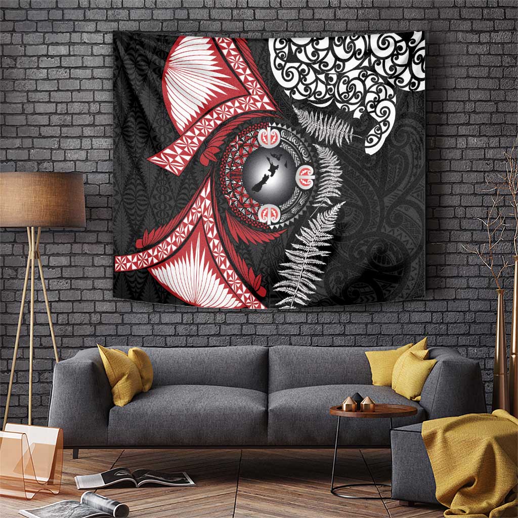 Tonga and New Zealand Together Tapestry Ngatu Art Tribal Maori Tattoo and Silver Fern LT03 Black - Polynesian Pride