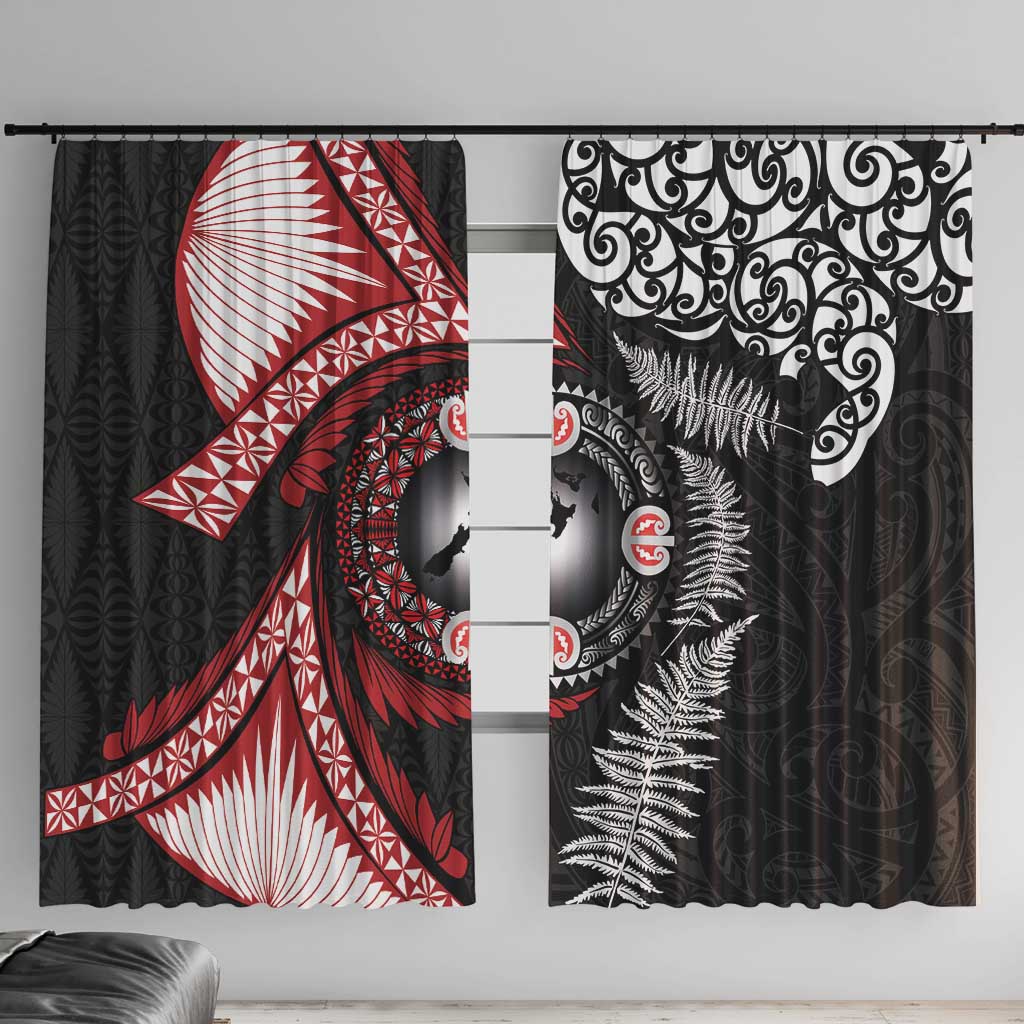 Tonga and New Zealand Together Window Curtain Ngatu Art Tribal Maori Tattoo and Silver Fern LT03 With Hooks Black - Polynesian Pride