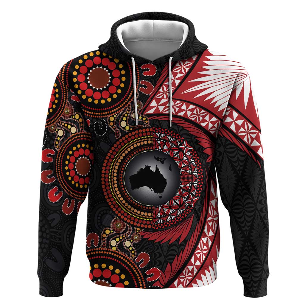 Tonga and Australia Together Hoodie Ngatu Art Tribal Aboriginal Tattoo Pattern LT03 Pullover Hoodie Black - Polynesian Pride