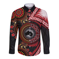 Tonga and Australia Together Long Sleeve Button Shirt Ngatu Art Tribal Aboriginal Tattoo Pattern LT03 Unisex Black - Polynesian Pride