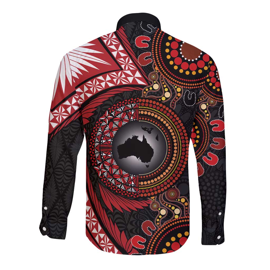 Tonga and Australia Together Long Sleeve Button Shirt Ngatu Art Tribal Aboriginal Tattoo Pattern LT03 - Polynesian Pride