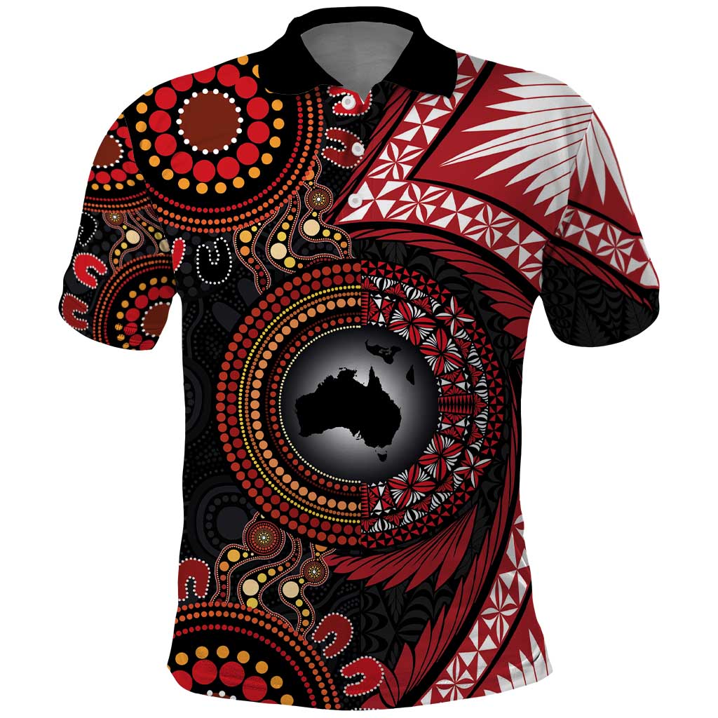 Tonga and Australia Together Polo Shirt Ngatu Art Tribal Aboriginal Tattoo Pattern LT03 Black - Polynesian Pride