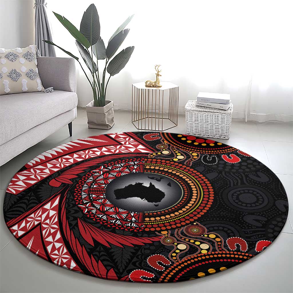 Tonga and Australia Together Round Carpet Ngatu Art Tribal Aboriginal Tattoo Pattern LT03 - Polynesian Pride