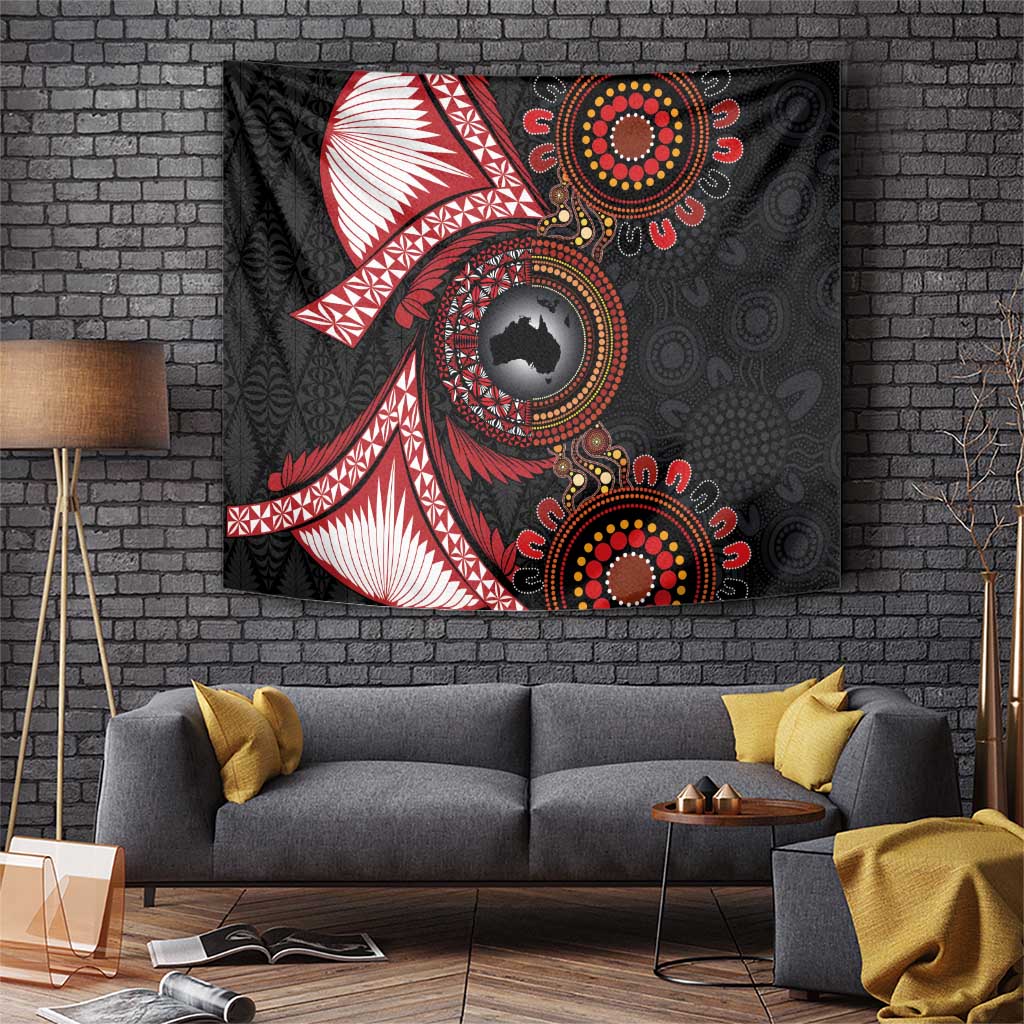 Tonga and Australia Together Tapestry Ngatu Art Tribal Aboriginal Tattoo Pattern LT03 Black - Polynesian Pride