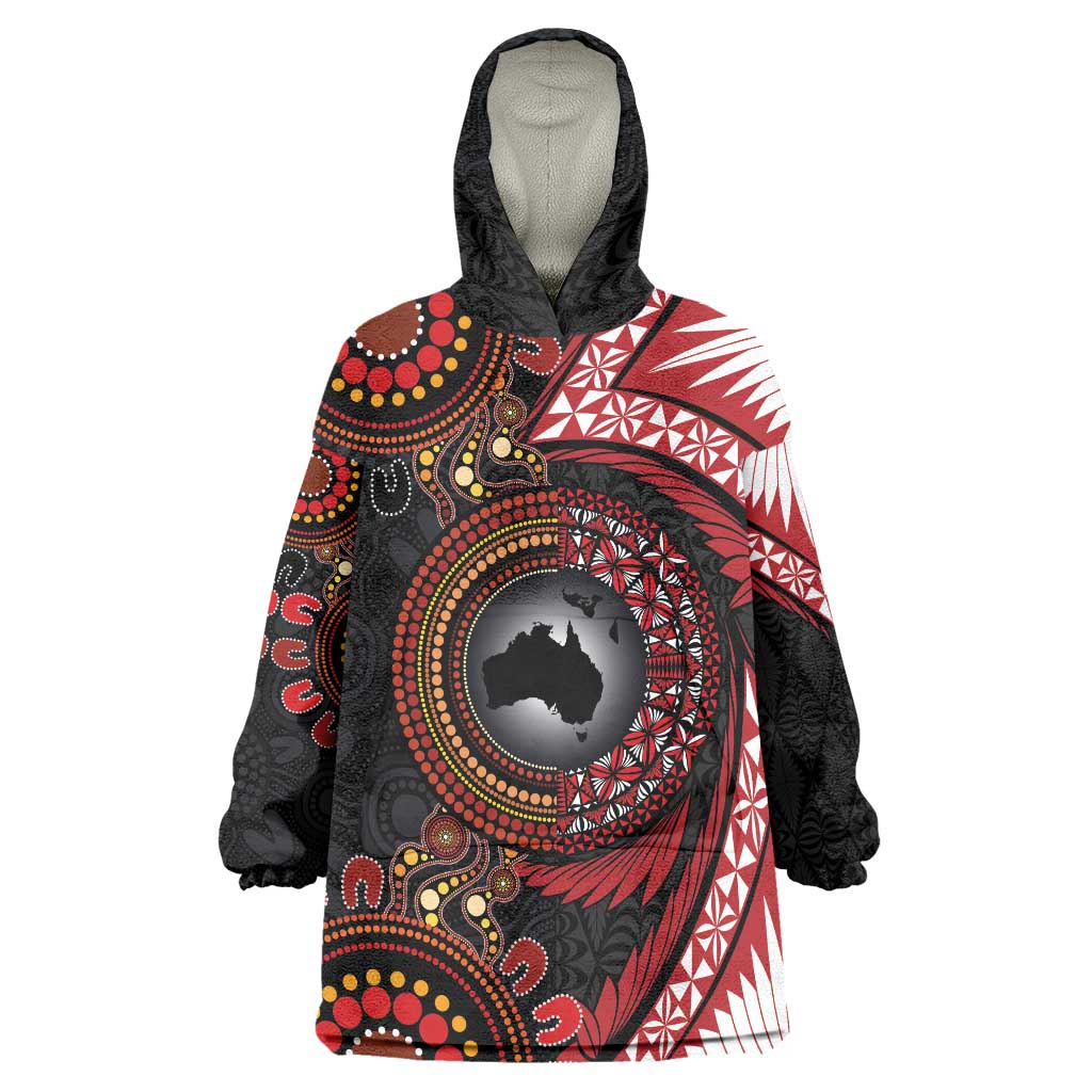 Tonga and Australia Together Wearable Blanket Hoodie Ngatu Art Tribal Aboriginal Tattoo Pattern