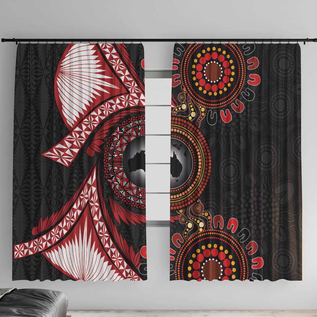 Tonga and Australia Together Window Curtain Ngatu Art Tribal Aboriginal Tattoo Pattern LT03 With Hooks Black - Polynesian Pride