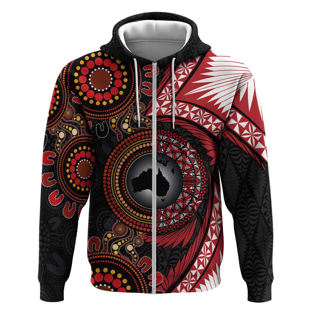 Tonga and Australia Together Zip Hoodie Ngatu Art Tribal Aboriginal Tattoo Pattern LT03 Zip Hoodie Black - Polynesian Pride