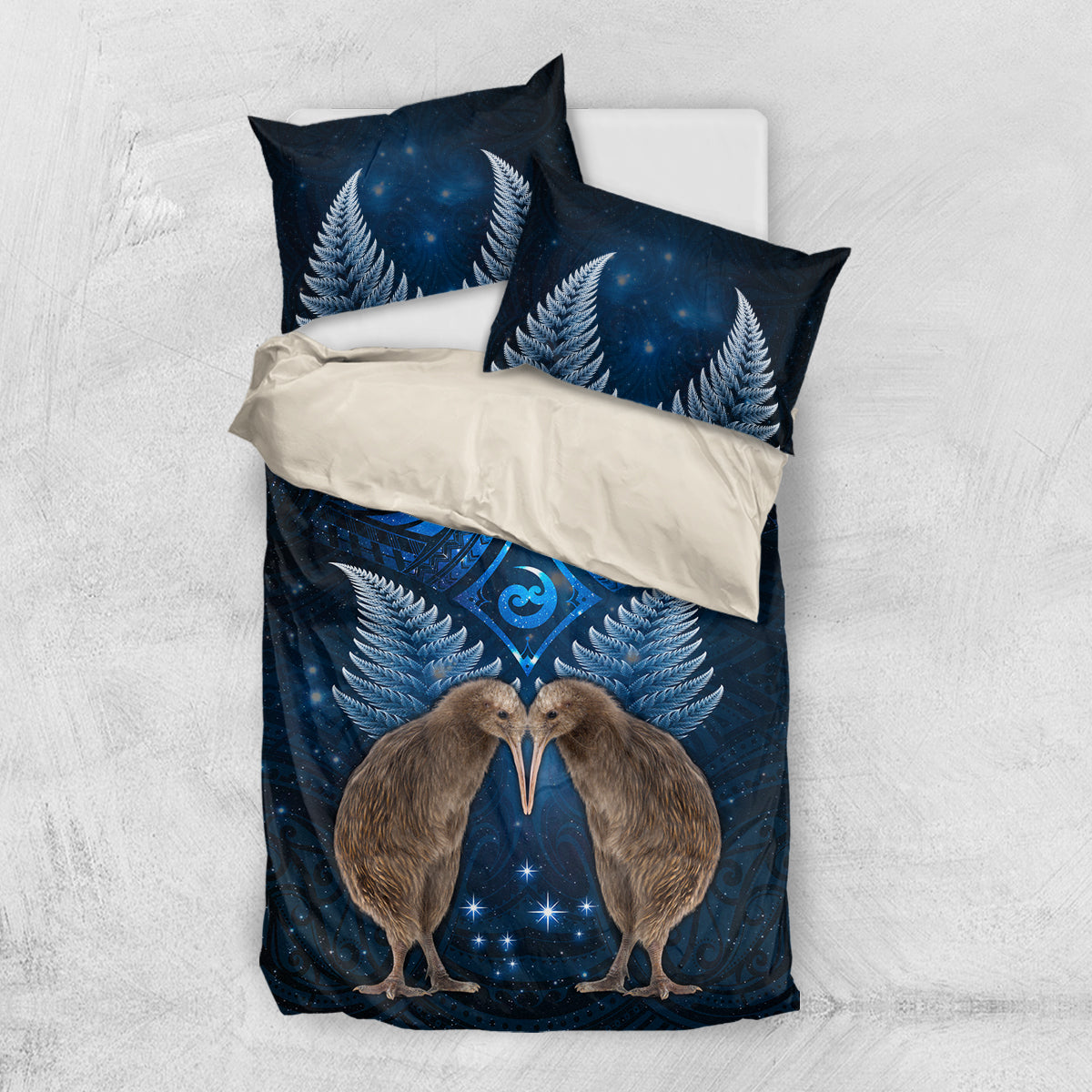 New Zealand Maori Matariki Bedding Set Hongi Kiwi Bird and Silver Fern LT03 US Twin 172cm x 218cm Blue - Polynesian Pride