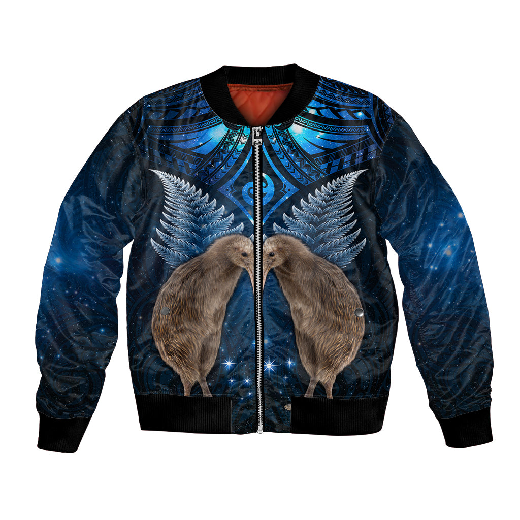 New Zealand Maori Matariki Bomber Jacket Hongi Kiwi Bird and Silver Fern LT03 Unisex Blue - Polynesian Pride