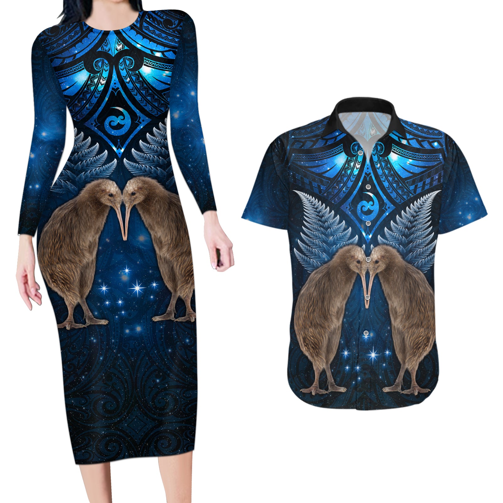 New Zealand Maori Matariki Couples Matching Long Sleeve Bodycon Dress and Hawaiian Shirt Hongi Kiwi Bird and Silver Fern LT03